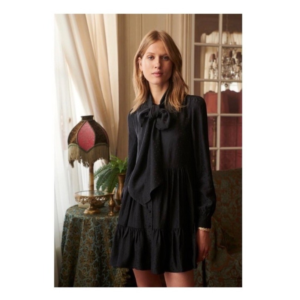 Sezane Selena Tie Neck Long Sleeve Navy Blue Tiered Dress Women Size 38/6